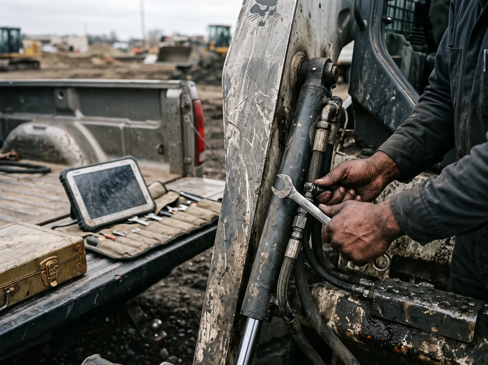 A technician's hands using a wrench on a hydraulic hose fitting on an excavator arm, with a diagnostic tablet and tool roll on the truck tailgate