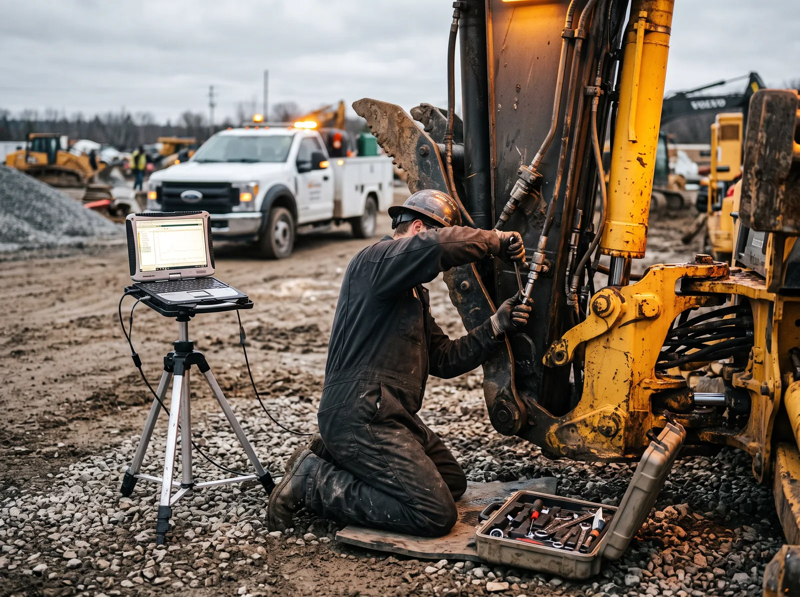 A JP Mechanical technician servicing the hydraulic arm of an excavator with a diagnostic laptop on a jobsite