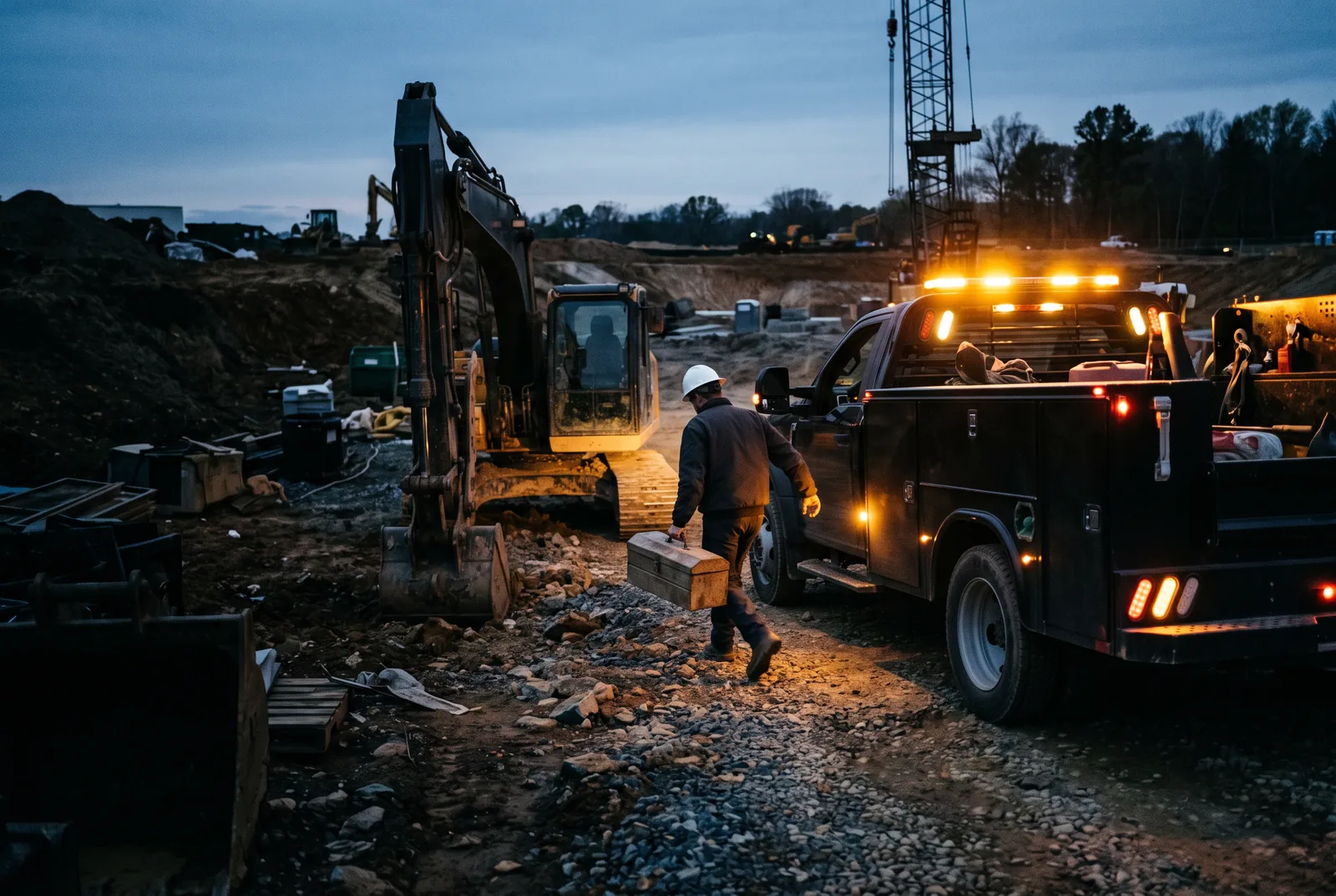 A technician carrying a toolbox toward a mobile service truck parked beside a stalled excavator on a Northern Virginia jobsite at dusk