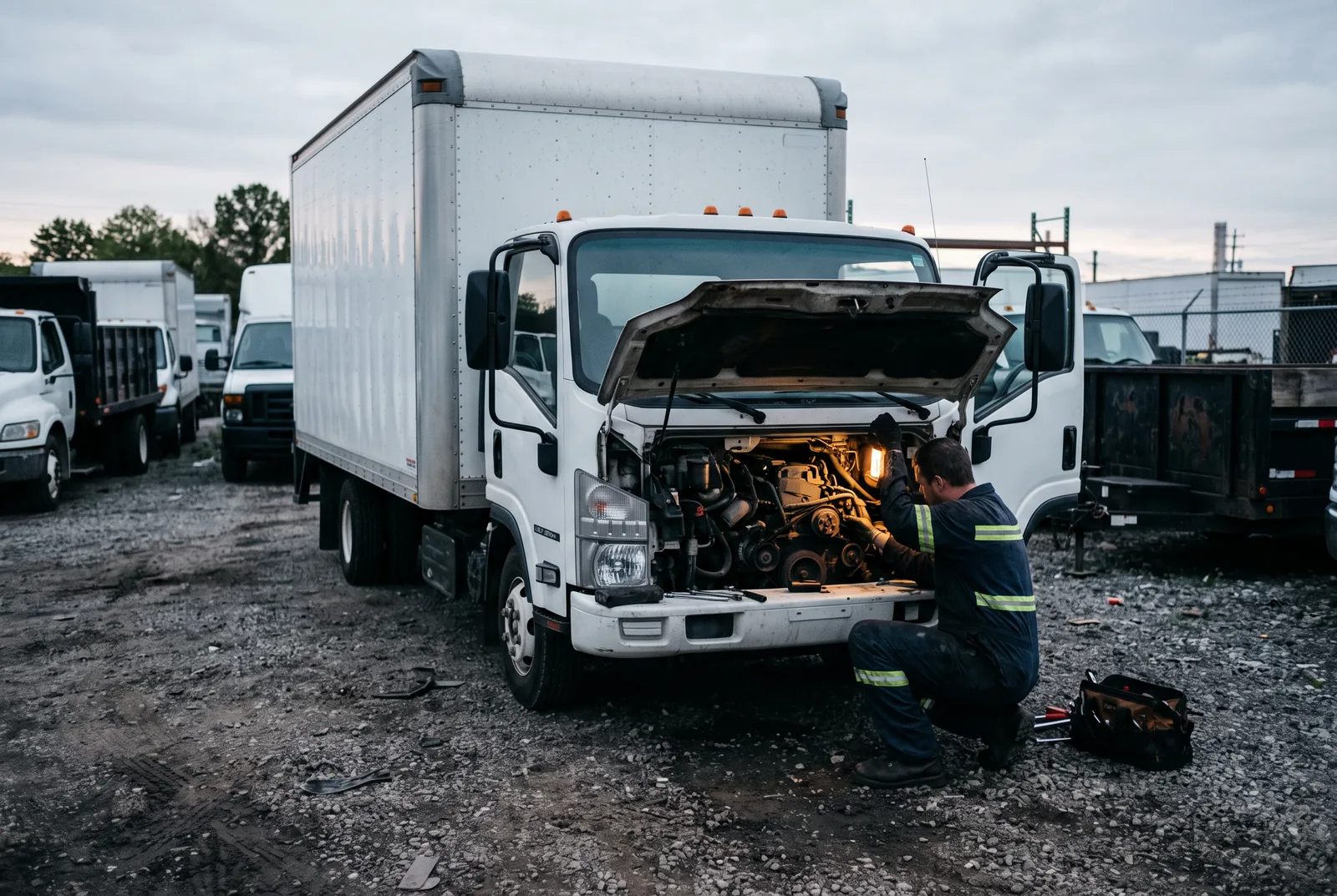 A JP Mechanical technician inspecting the open engine bay of a commercial box truck at dusk in a fleet yard