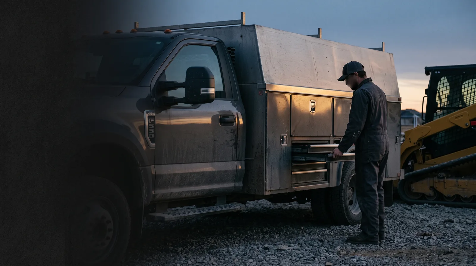 A mobile mechanical service truck parked beside heavy equipment on a gravel jobsite at dusk, a technician opening a tool drawer