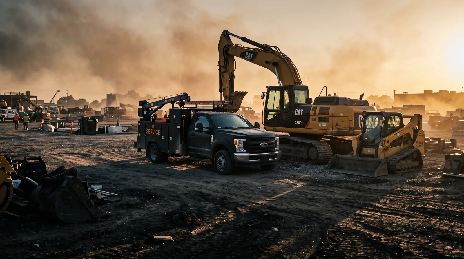 A black mobile service truck parked beside a hydraulic excavator and skid steer on a construction jobsite at sunrise