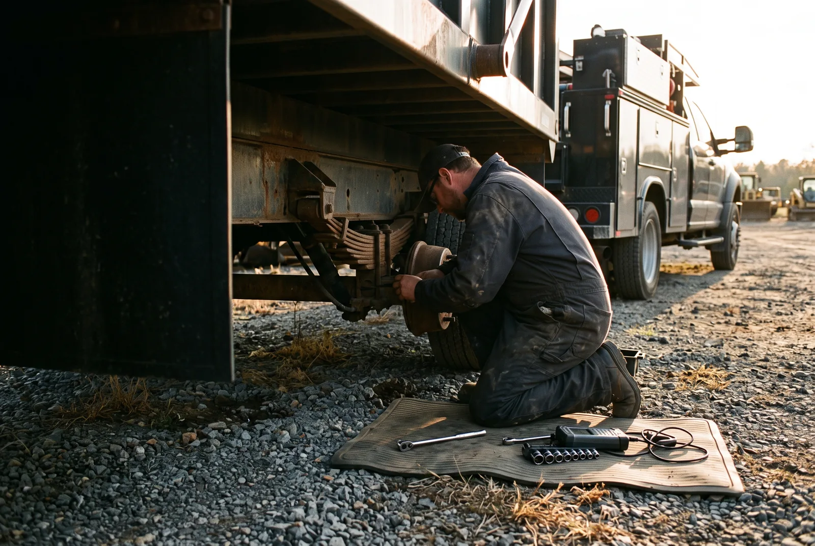 A mobile mechanic kneeling under a heavy equipment trailer repairing the axle and suspension, with a black service truck parked behind on a gravel jobsite