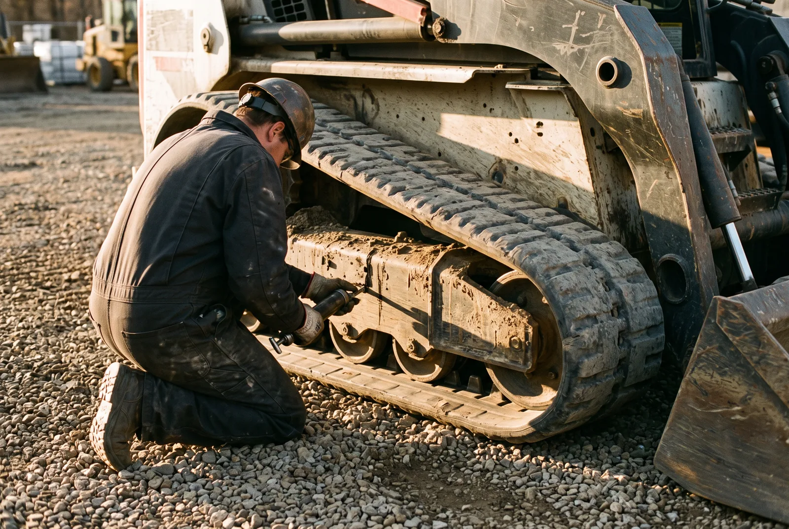 A technician kneeling beside a compact track loader, greasing an undercarriage track roller on a gravel jobsite at sunset