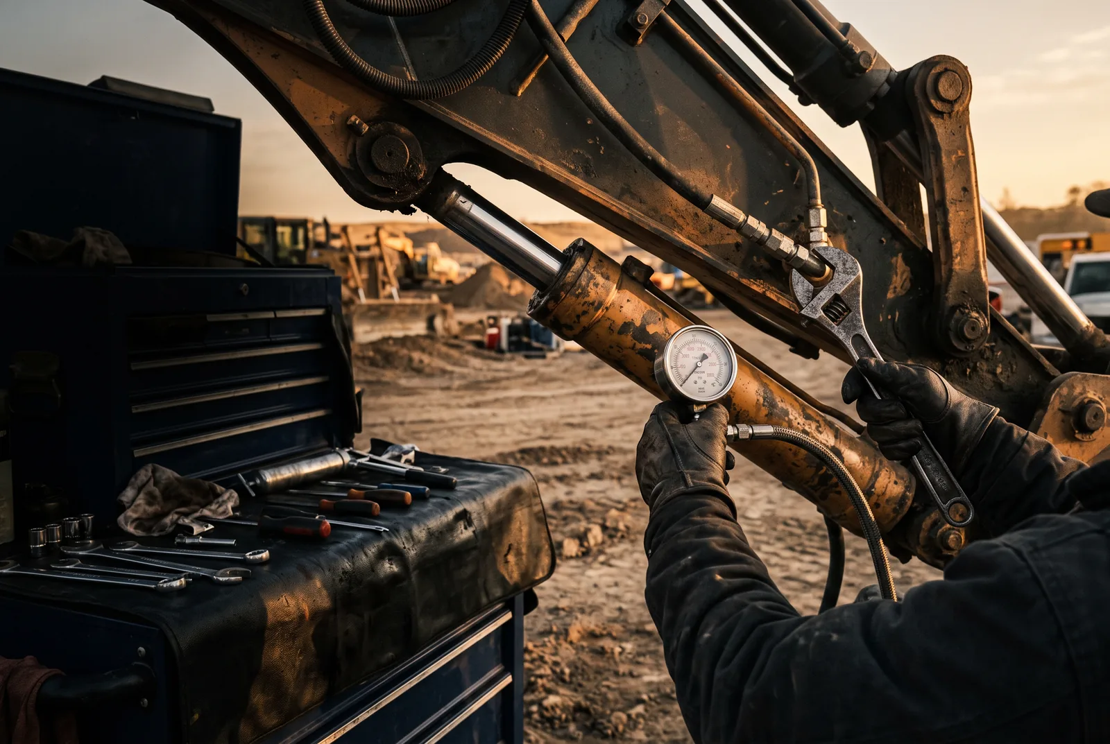 A technician repairing the hydraulic arm of a tractor on a rural Fauquier County property near Warrenton, Virginia