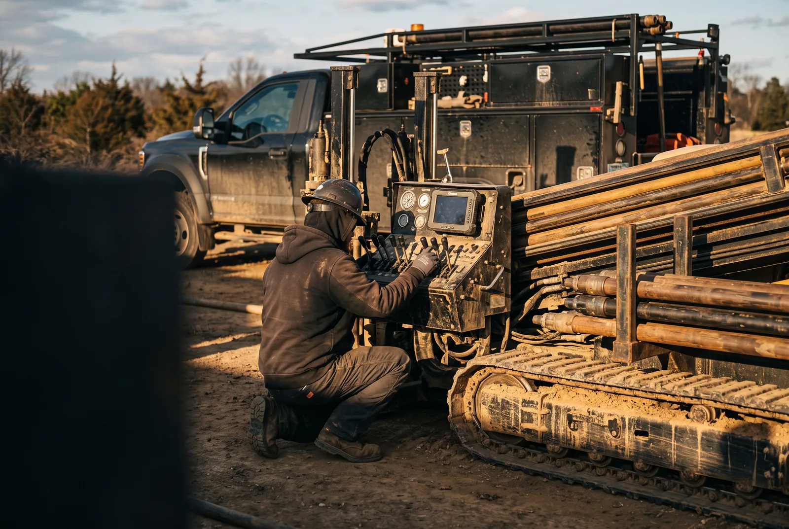 A technician kneeling at the control panel of a Vermeer horizontal directional drilling rig with a black mobile service truck parked behind it on a dirt jobsite